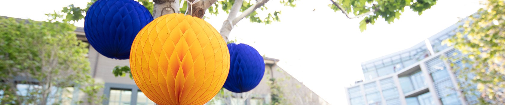 Blue and gold lantern decorations hanging from a tree